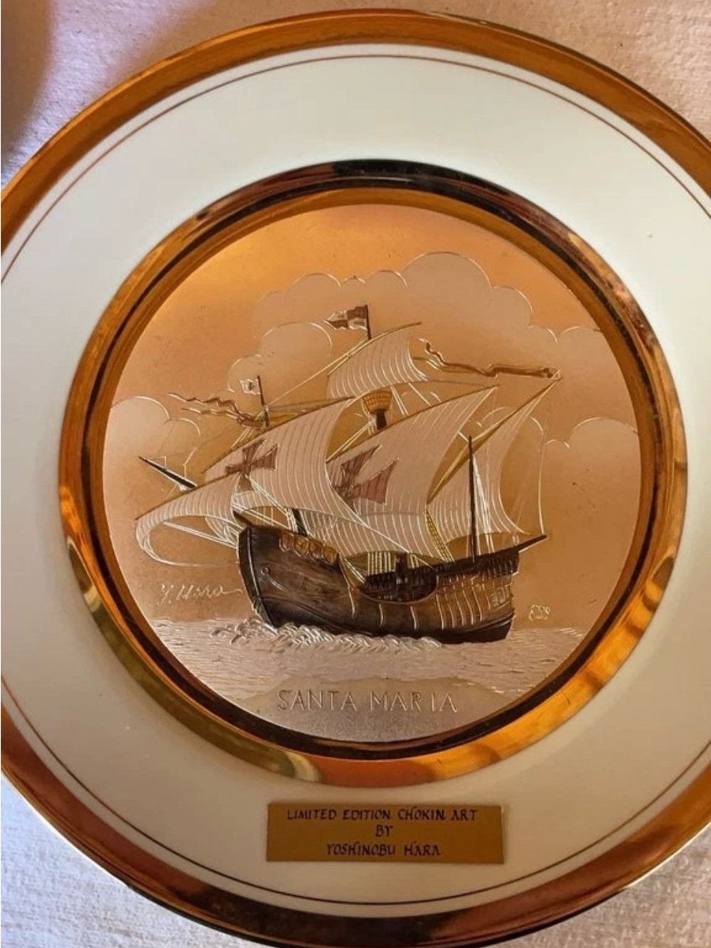 Limited Edition Chokin Art Plate by Yoshinobu Hara - Santa Maria
